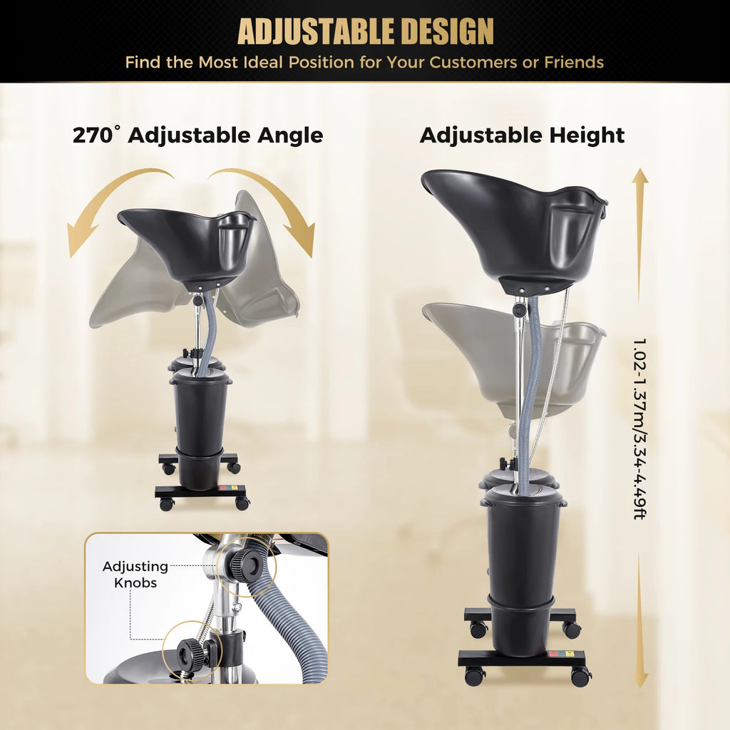 Portable Shampoo Basin with 2 Water Buckets, 30cm Deep Salon Hair Washing Sink, Adjustable Height Angle Mobile Shampoo Bowl Unit - Curl and Collar
