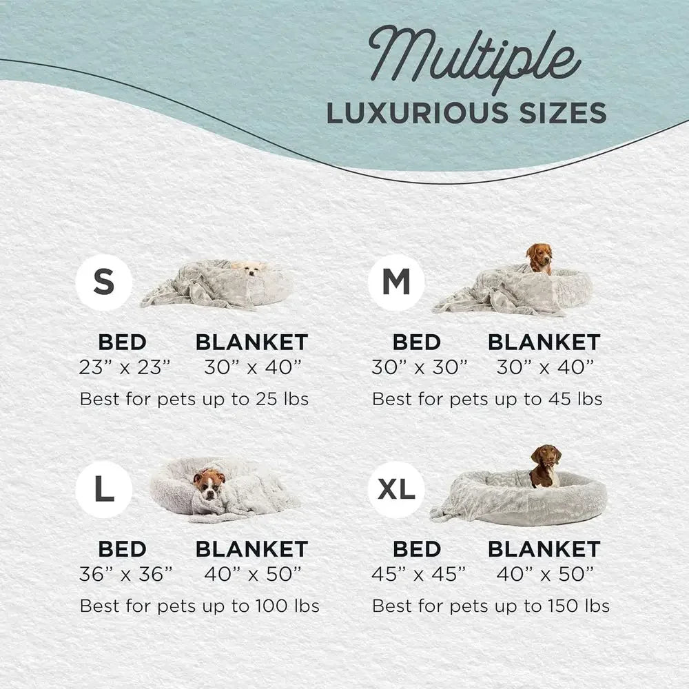 Luxury Calming Donut Cuddler Pet Bed with Throw Blanket, Gray, Large, 36x36 - Curl and Collar
