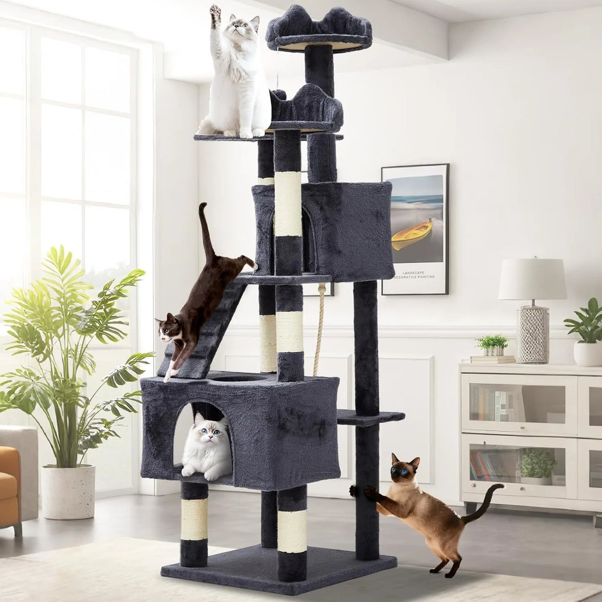 72" Cat Tree for Large Cats, Multi-Level Cat Tower with 6 Sisal Scratching Posts, 2 Condos, 3 Perches, Hammock & Dangling Toys, Sturdy Particle Board with Anti-Tip Kit, Dark Grey - Curl and Collar