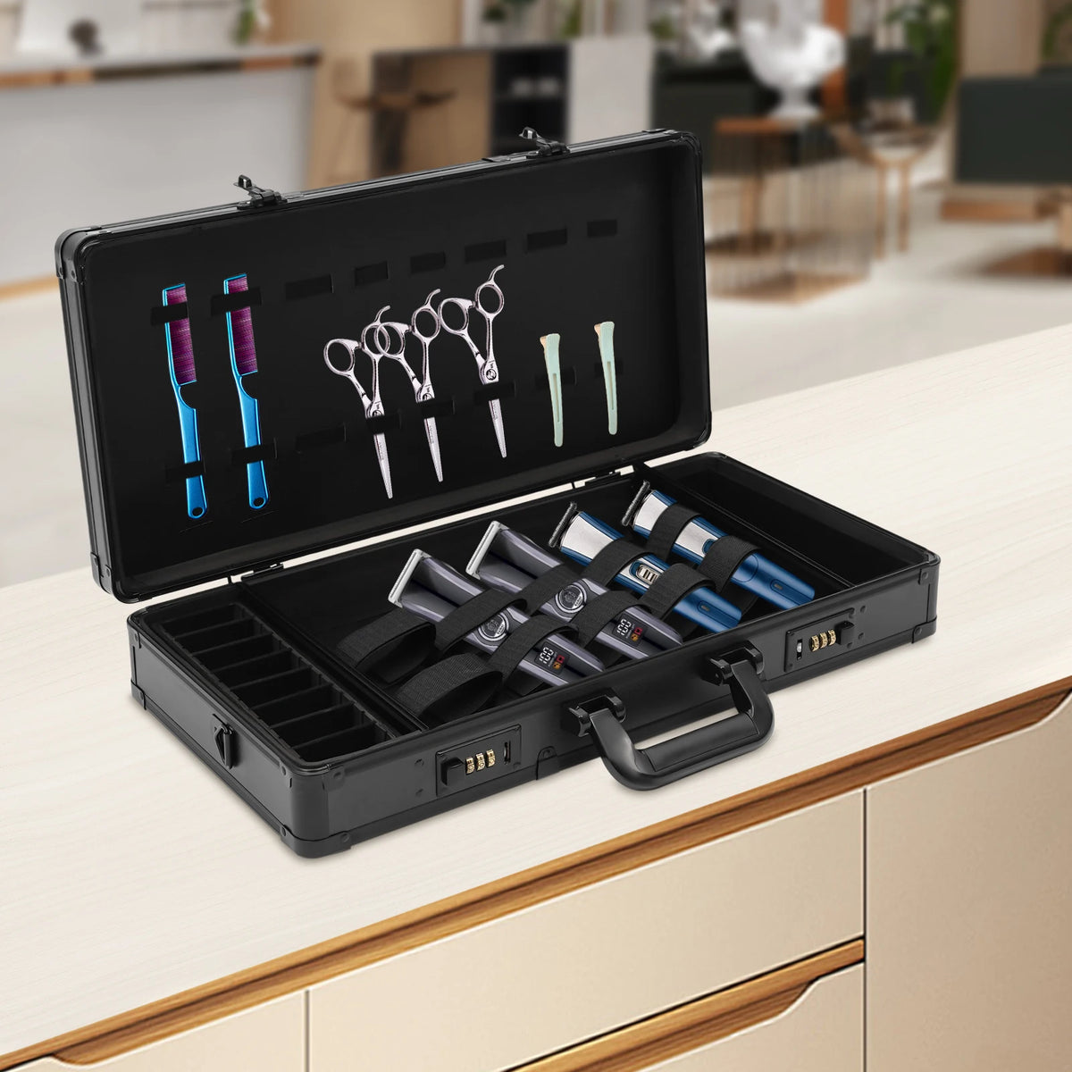 Barber Travel Case with Lock, Waterproof Portable Hairdressing Tool Bag for Storing Clippers Trimmers Scissors Comb Brush 55cm - Curl and Collar