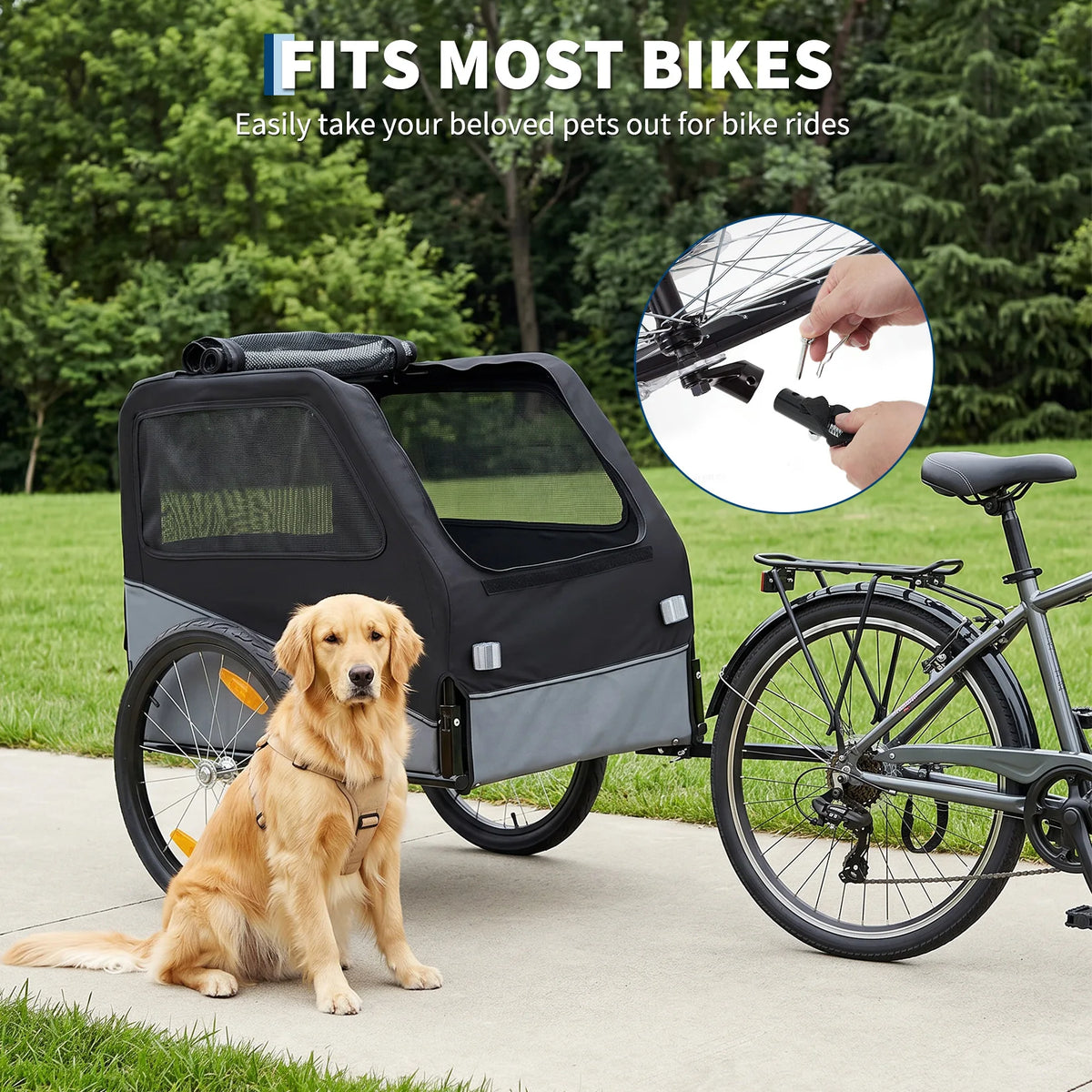 Foldable Dog Bike Trailer, Heavy Duty Steel Frame Pet Bike Carrier, 100 LBS Capacity Oxford Fabric Dog Carrier Bicycle Trailer with Mesh Window Reflectors for Medium Large Dogs & Cats, Black - Curl and Collar