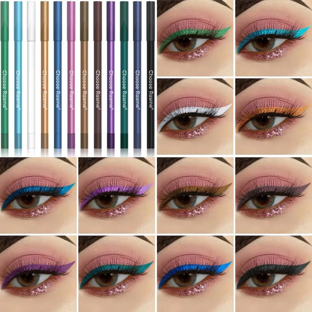 12 Pcs Set of Waterproof Eyeliner Pens with Shimmering Effects - Includes Eyeshadow Durable and Easy to Color Highlighter - Curl and Collar