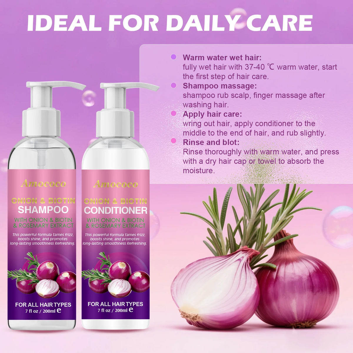 Amococo 2pcs X 200ml Shampoo and Conditioner Set with Onion Biotin Rosemary Hair Care Duo for All Hair Types Frizz Control Shine Boosting Sulfate Free - Curl and Collar