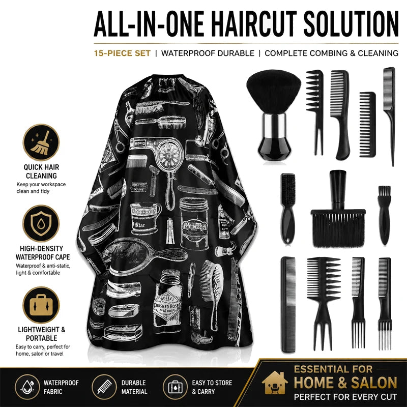 15Pcs Barber Cape Set Vintage Print Hair Cutting Salon Cloak Adjustable Neck Buckle Barber Hair Brushes Combs Kit Professional Hairdressing Barber Shop Styling Tools - Curl and Collar