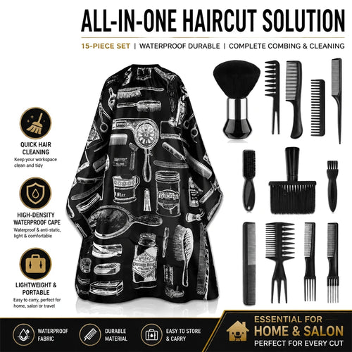 15Pcs Barber Cape Set Vintage Print Hair Cutting Salon Cloak Adjustable Neck Buckle Barber Hair Brushes Combs Kit Professional Hairdressing Barber Shop Styling Tools - Curl and Collar
