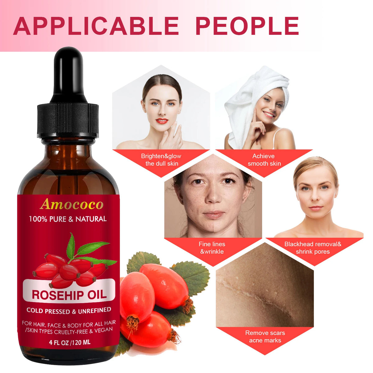 Amococo 2pcs Jojoba Oil and Rosehip Oil Natural Face Oil for Skin and Hair Cold Pressed Body Oil Moisturizing Care Lightweight Beauty Oil for All Skin Types Vegan Skin Care Oil 120ml Each - Curl and Collar