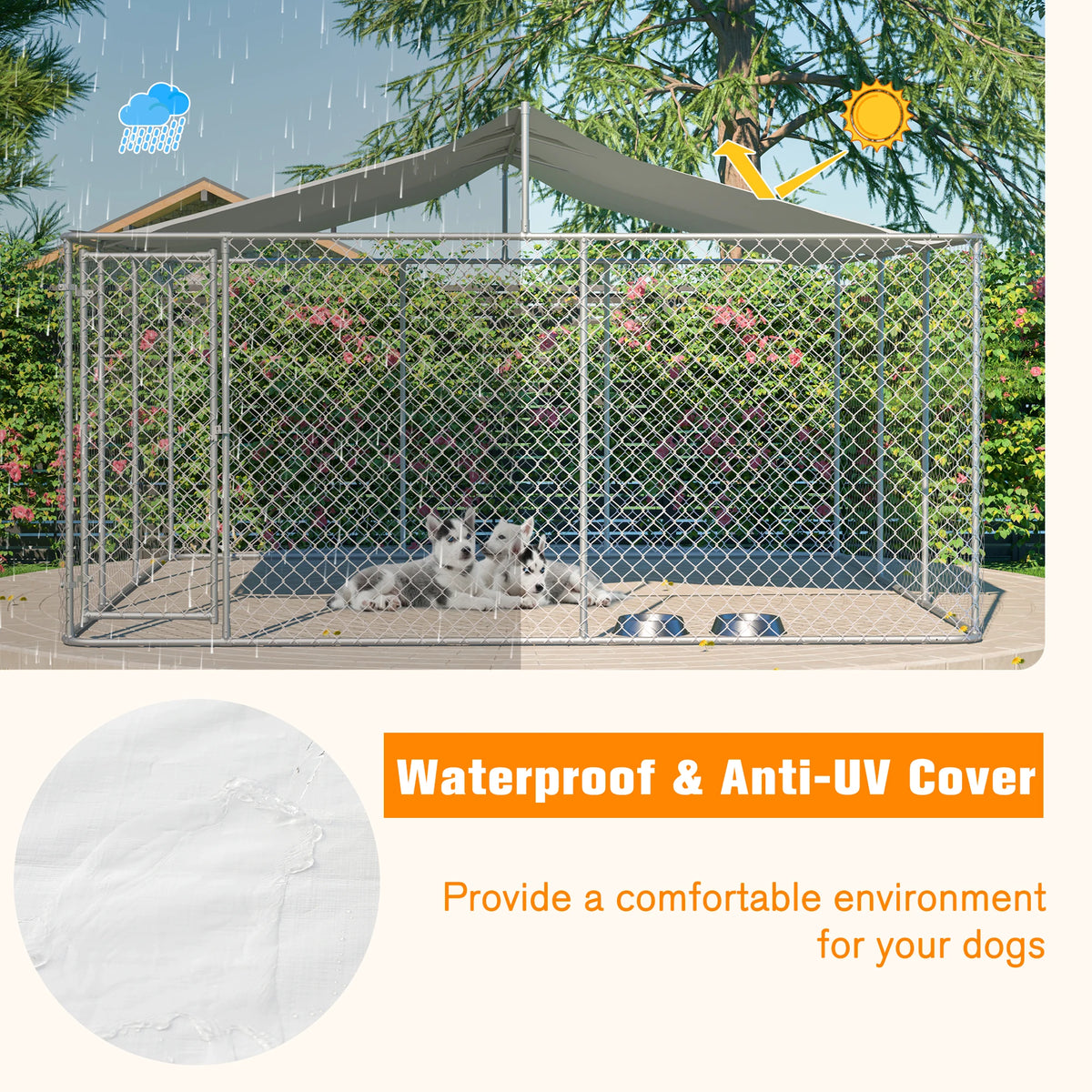 14.8x14.8x7.6 ft Heavy Duty Galvanized Steel Outdoor Dog Kennel with Waterproof UV Cover Lockable Gate Playpen for Large Pets - Curl and Collar