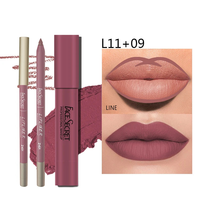 Matte Lipliner&Lipstick Set,Waterproof， Long Lasting Lip Makeup, Soft Matte Color Rendering,Women's Makeup Cosmetics - Curl and Collar