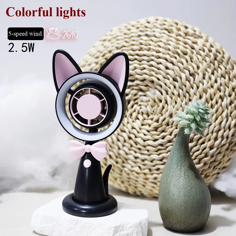 New Cat-Shaped Handheld Fan with Strong Wind, USB Charging, Suitable for Student Dormitories, Desktop Small Fan with Light - Curl and Collar