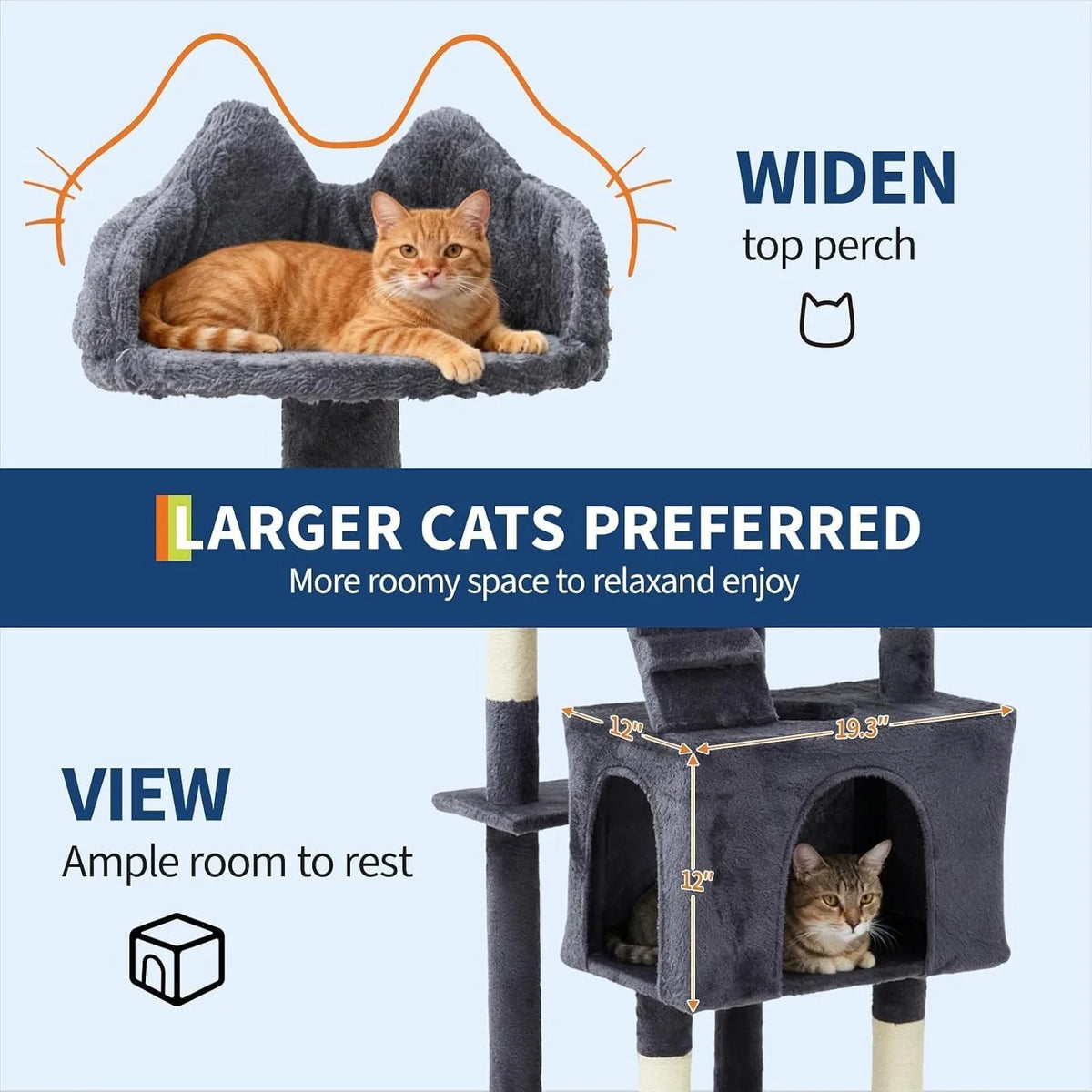 72" Cat Tree for Large Cats, Multi-Level Cat Tower with 6 Sisal Scratching Posts, 2 Condos, 3 Perches, Hammock & Dangling Toys, Sturdy Particle Board with Anti-Tip Kit, Dark Grey - Curl and Collar