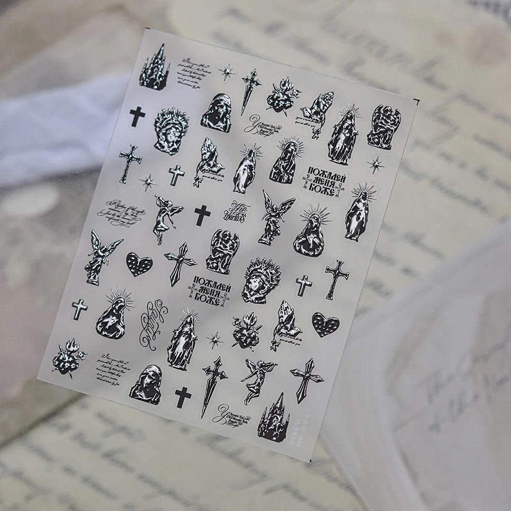 5D Embossed Halloween Nail Stickers Self‑Adhesive Nail Decals with Ghost Pumpkin Cat Mushroom Patterns Gold‑Trim Manicure Slider