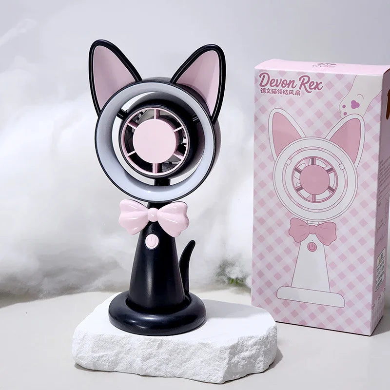 New Cat-Shaped Handheld Fan with Strong Wind, USB Charging, Suitable for Student Dormitories, Desktop Small Fan with Light - Curl and Collar