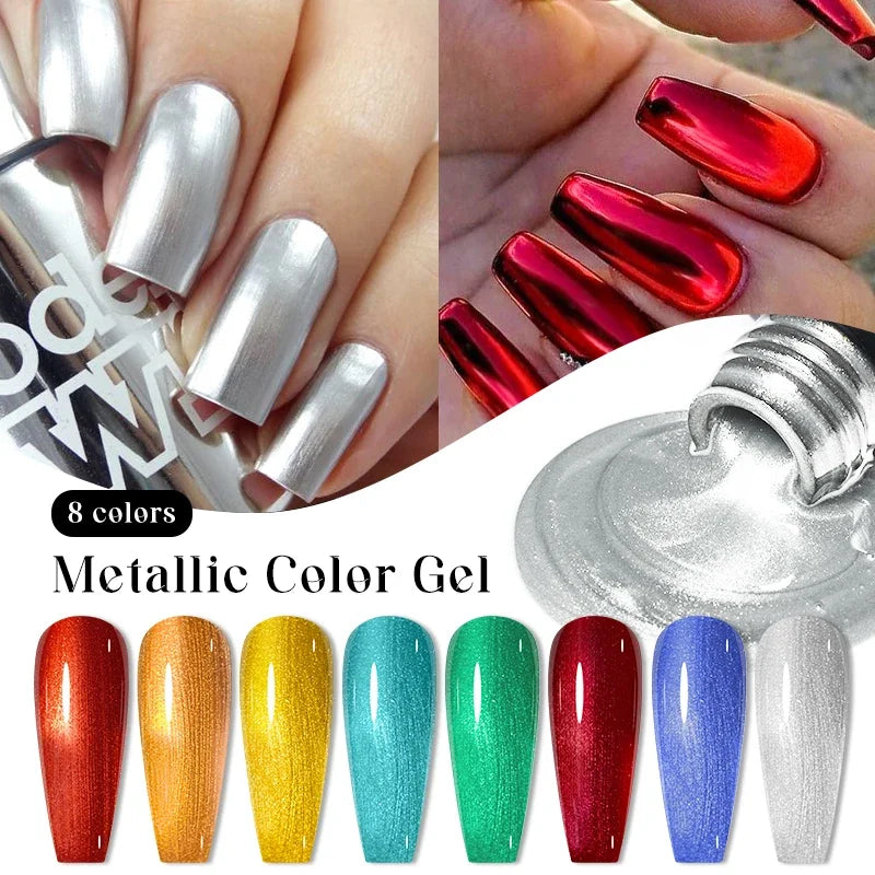 8ml Mirror Metallic Gel Nail Polish Red Gold Silver Mirror Chrome Effect Soak Off UV/LED Gel Varnish Nail Supplies Manicure DIY - Curl and Collar