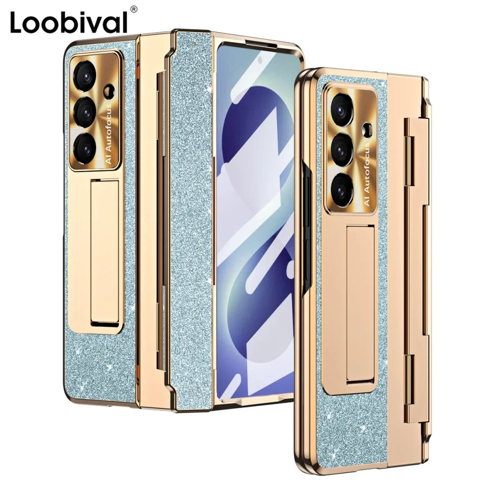 Crystal Glitter Leveling Hinges Anti Drop Case for Samsung Galaxy Z Fold 8 Ultra Zfold 8 Ultra 7 6 5 4 3 Camera Protector Cover - Curl and Collar