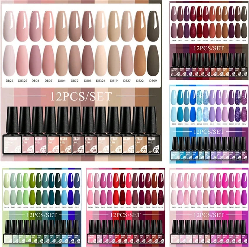 MTSSII 12pcs Gel Nail Polish Set Nude Pink Red Glitter Semi Permanent Soak Off UV Gel Varnish Manicure Kit Nail Supplies DIY - Curl and Collar