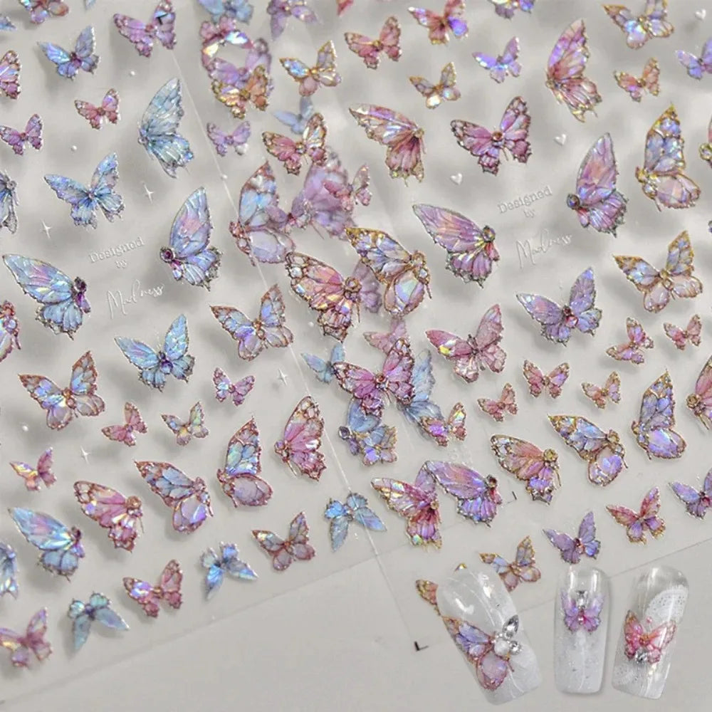 1pcs 5D Luxury Kawaii Butterfly Nail Stickers Japanese Glitter Shell Aurora Nail Art Decorations Decals DIY Manicure Slider Foil - Curl and Collar