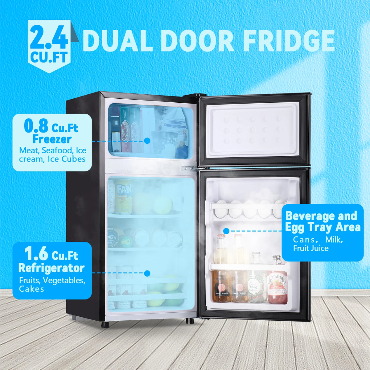 Refrigerator with Top Freezer 2.4Cu.ft Two Door Small Mini Fridge for Person Use with Egg tray, Grey - Curl and Collar