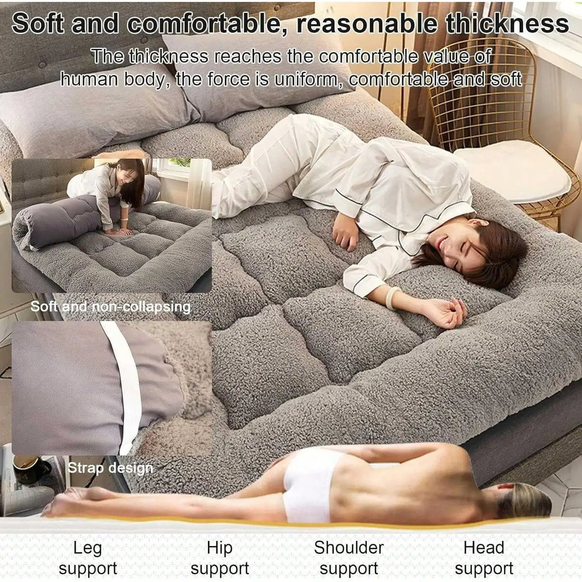 Japanese Futon Mattress, Extra Thick Fluffy Floor Futon Mattress, Super Soft Shaggy Roll Up Sleeping Pads, Portable Sleeping Mat, Sofa Mattress, Guest Bed - Curl and Collar