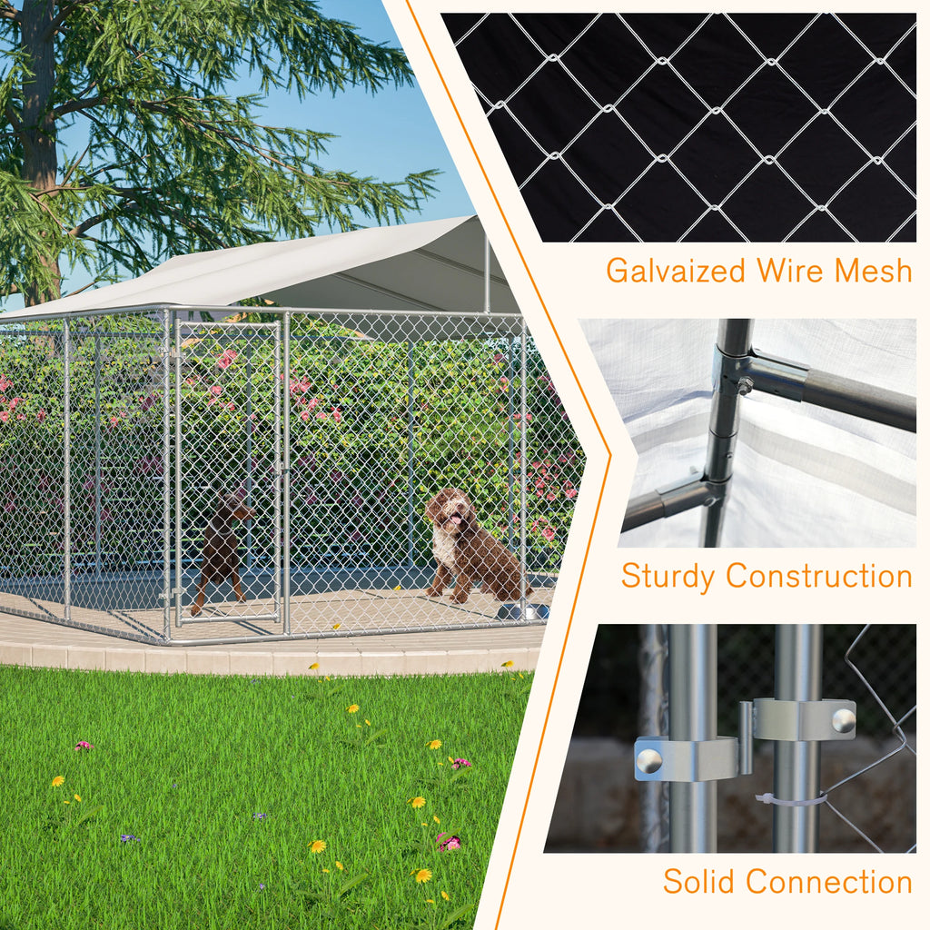 14.8x14.8x7.6 ft Heavy Duty Galvanized Steel Outdoor Dog Kennel with Waterproof UV Cover Lockable Gate Playpen for Large Pets - Curl and Collar