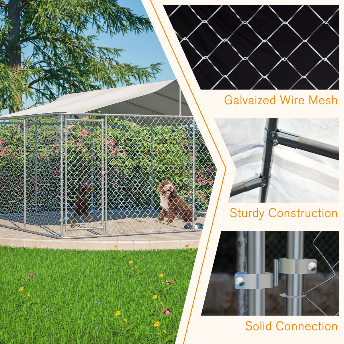 14.8x14.8x7.6 ft Heavy Duty Galvanized Steel Outdoor Dog Kennel with Waterproof UV Cover Lockable Gate Playpen for Large Pets - Curl and Collar