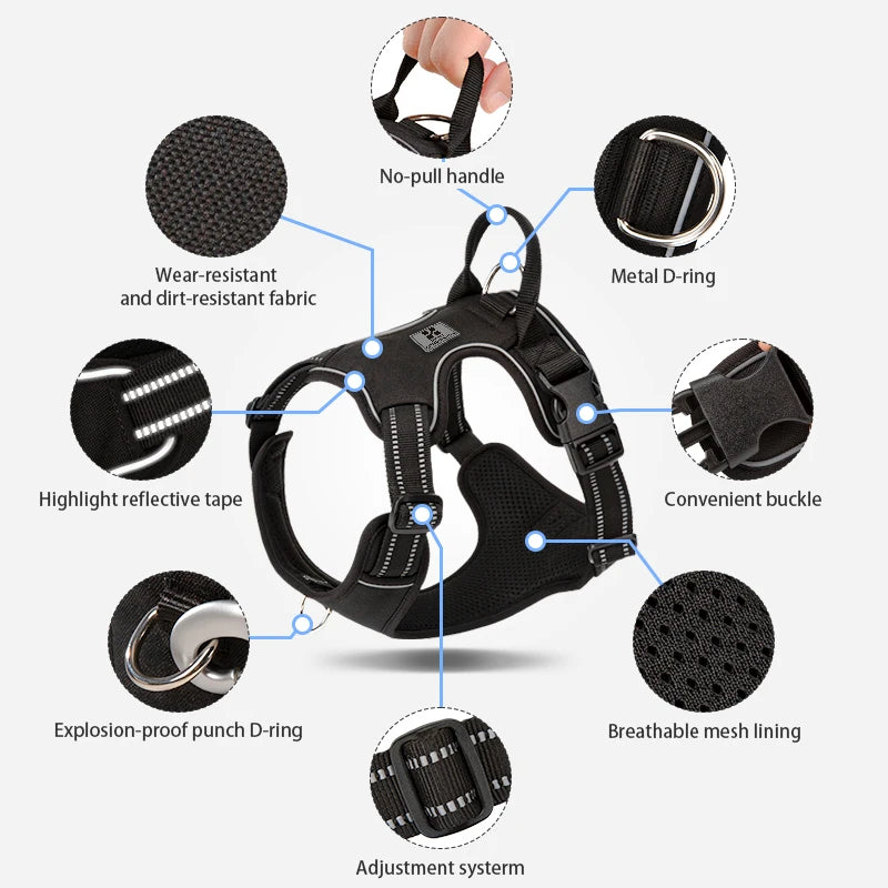 SMALL COMBINATION Dog Harness No Pull Reflective Pet Dog Chest Harness Adjustable for Small Medium Large Dogs Outdoor Walking - Curl and Collar