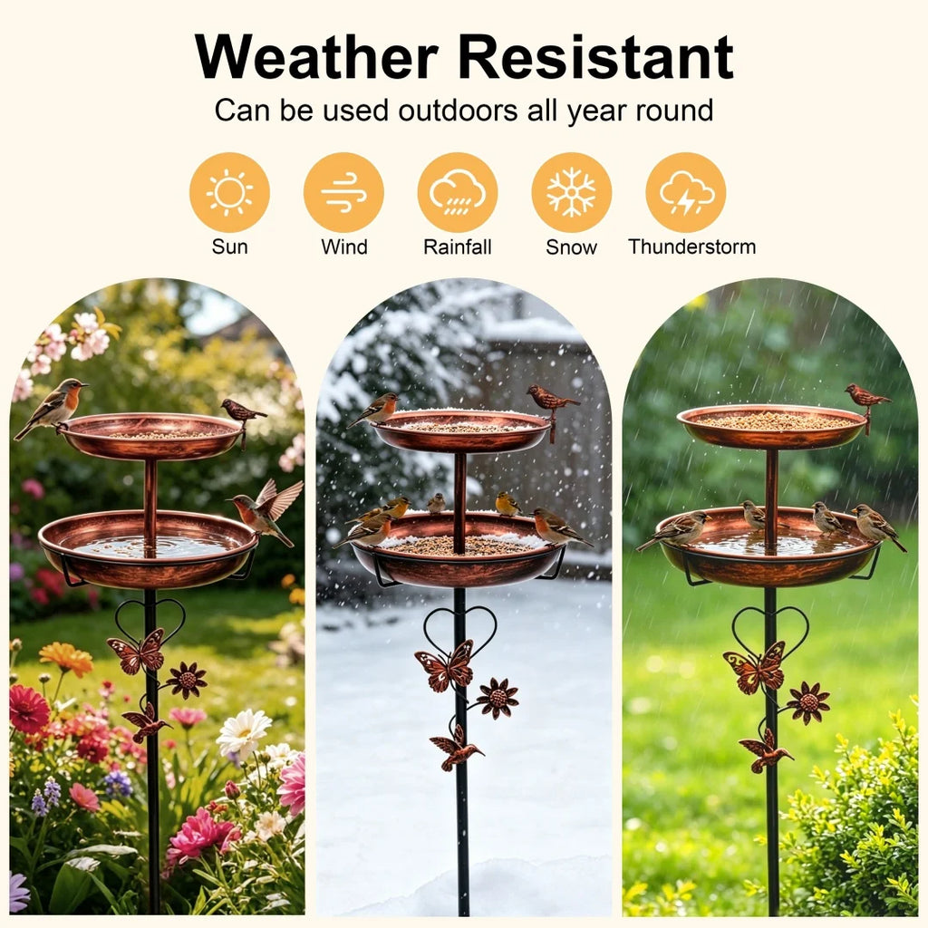 Outdoor Double-Layer Bird Feeder Birdbaths Bowl Freestanding Bird Bath Stand for Garden Yard Patio Decor with 5-Pronged Base - Curl and Collar