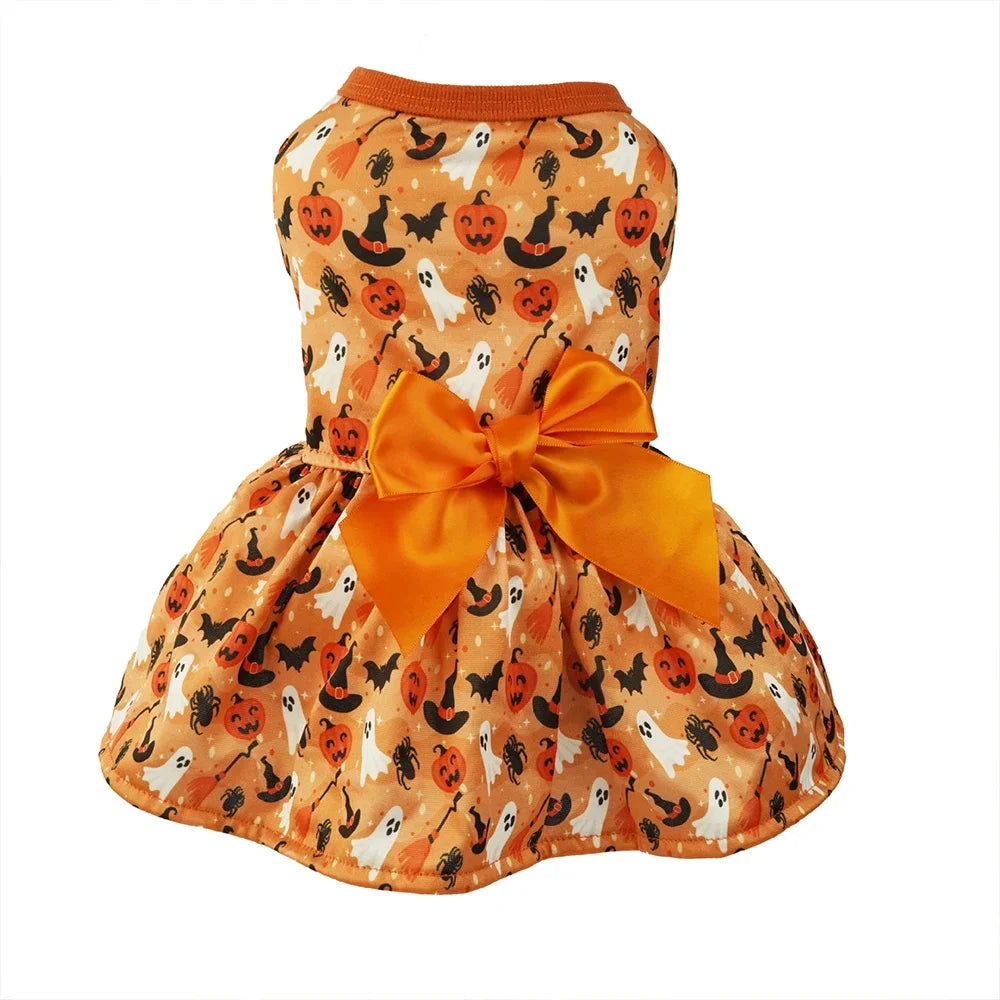 Halloween Dog Clothes Dresses For Dogs Bowknot Pumpkin Bat Print Puppy Dress Summer Sleeveless Party Dress Costume for halloween - Curl and Collar