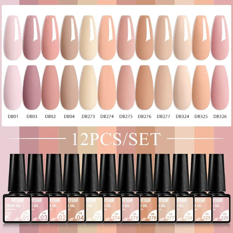 MTSSII 12pcs Gel Nail Polish Set Nude Pink Red Glitter Semi Permanent Soak Off UV Gel Varnish Manicure Kit Nail Supplies DIY - Curl and Collar