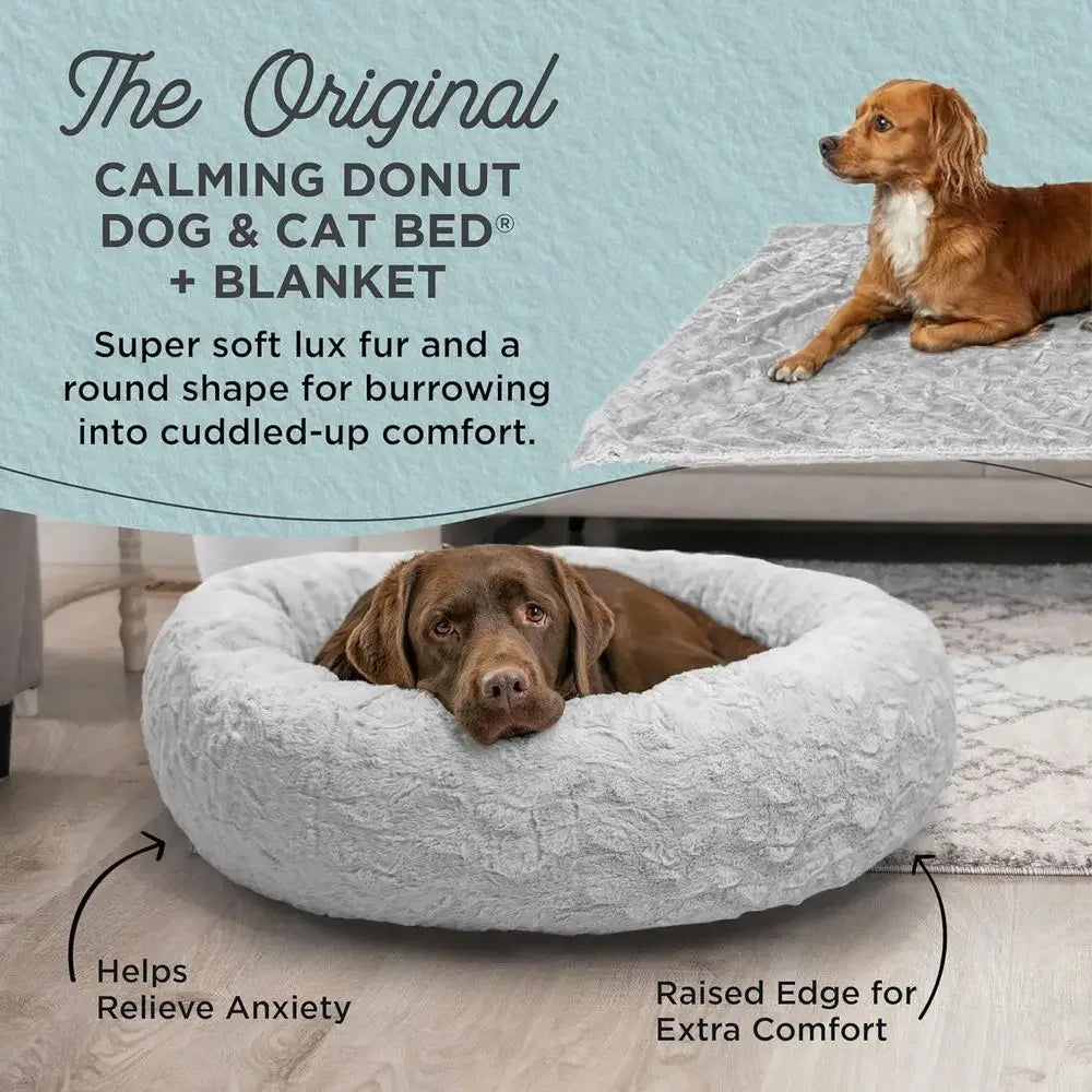 Luxury Calming Donut Cuddler Pet Bed with Throw Blanket, Gray, Large, 36x36 - Curl and Collar
