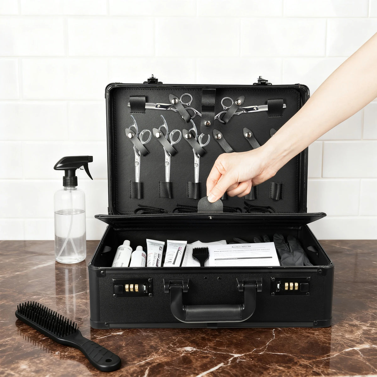 Portable Hairdressing Toolbox with Password Lock, Stylist Storage Case for 8 Scissors 4 Trimmers Combs, Beauty Tool Organizer Box - Curl and Collar