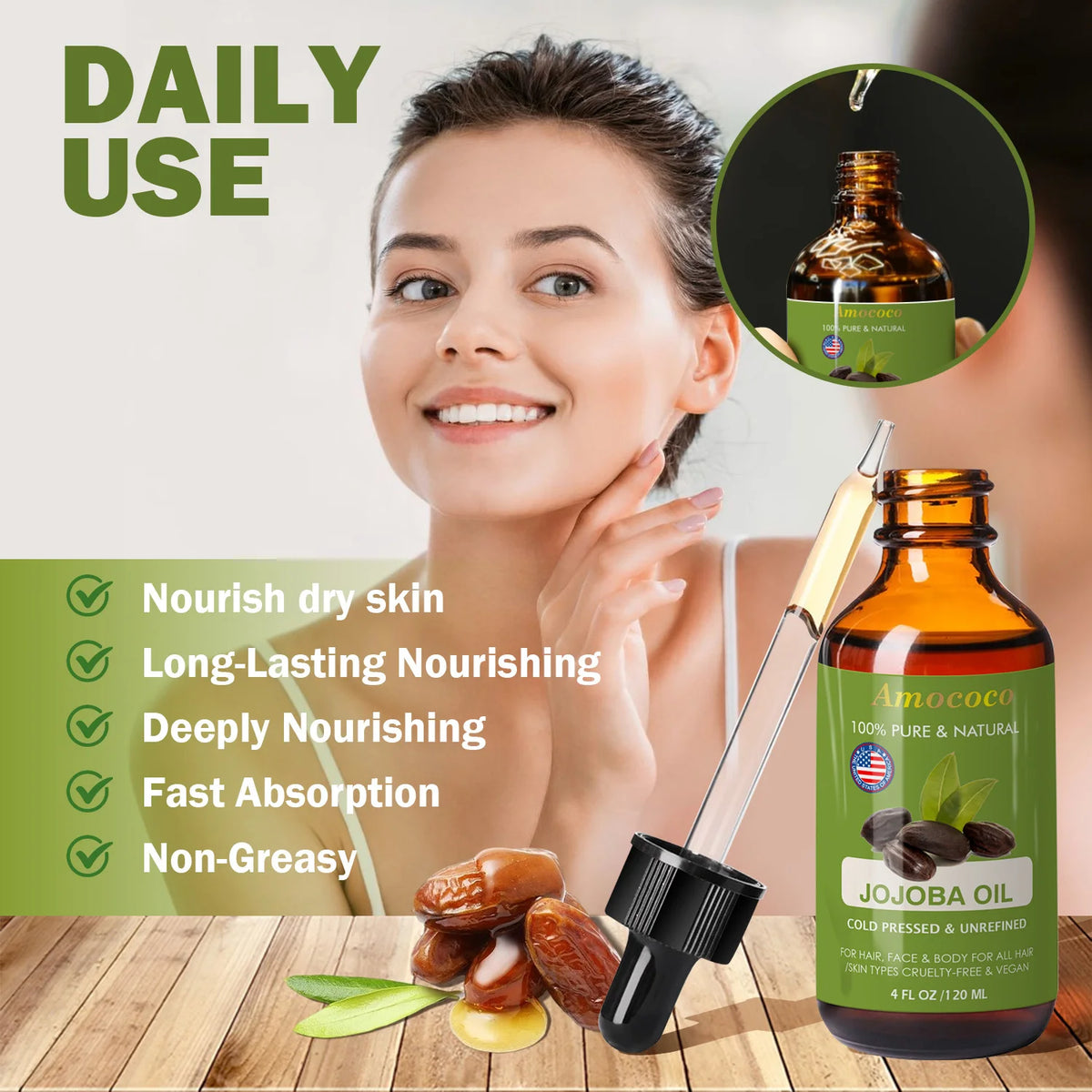 Amococo 2pcs Jojoba Oil and Rosehip Oil Natural Face Oil for Skin and Hair Cold Pressed Body Oil Moisturizing Care Lightweight Beauty Oil for All Skin Types Vegan Skin Care Oil 120ml Each - Curl and Collar