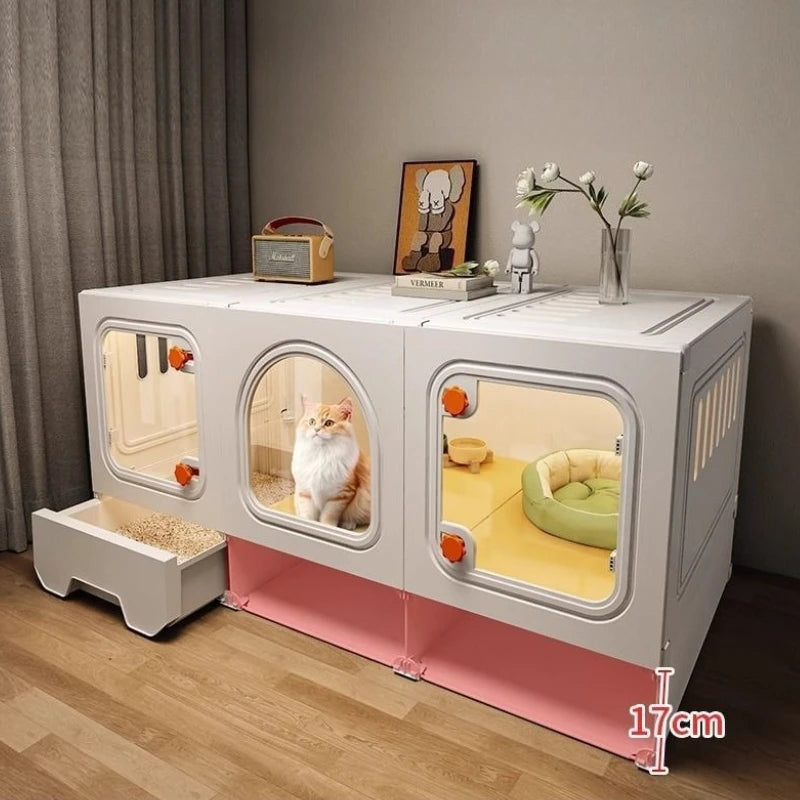 Large Cat House Transparent Drawer Cat Houses Habitats Partition Pet Cats Kitten Cage with Storage Room Kittens Enclosure Cages - Curl and Collar