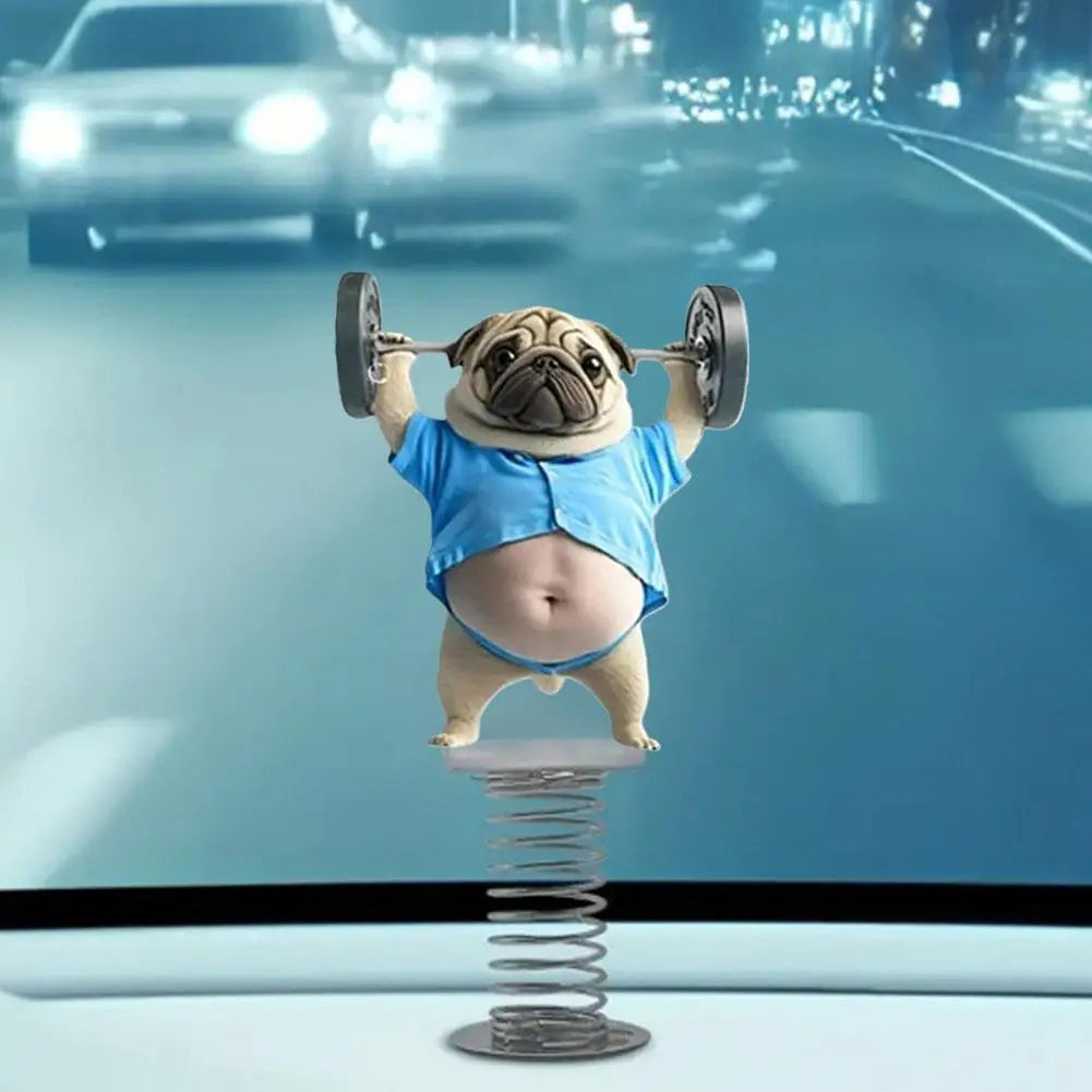 1Pcs Cute 2D Pug Car Ornaments Kawaii Reading Dog Car Panel Dashboard Spring Toys Decor Creative Accessories Gift - Curl and Collar