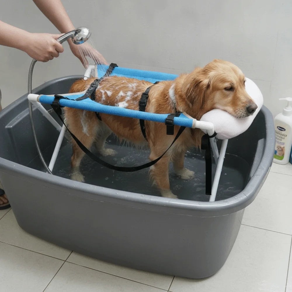 Folding Cat Bathing Rack Breathable Anti-Bite Pet Grooming Hammock Stable Structure Quick-Dry Mesh Pet Washing Station - Curl and Collar
