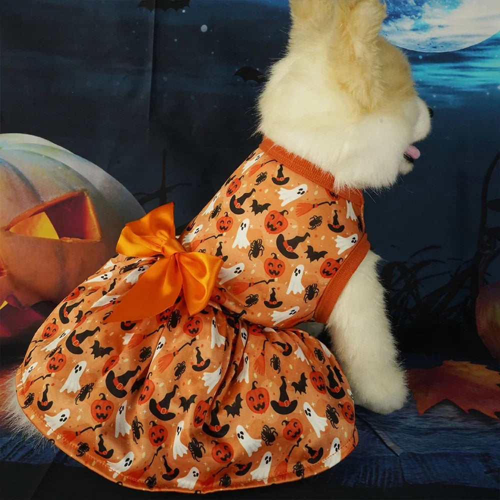 Halloween Dog Clothes Dresses For Dogs Bowknot Pumpkin Bat Print Puppy Dress Summer Sleeveless Party Dress Costume for halloween - Curl and Collar