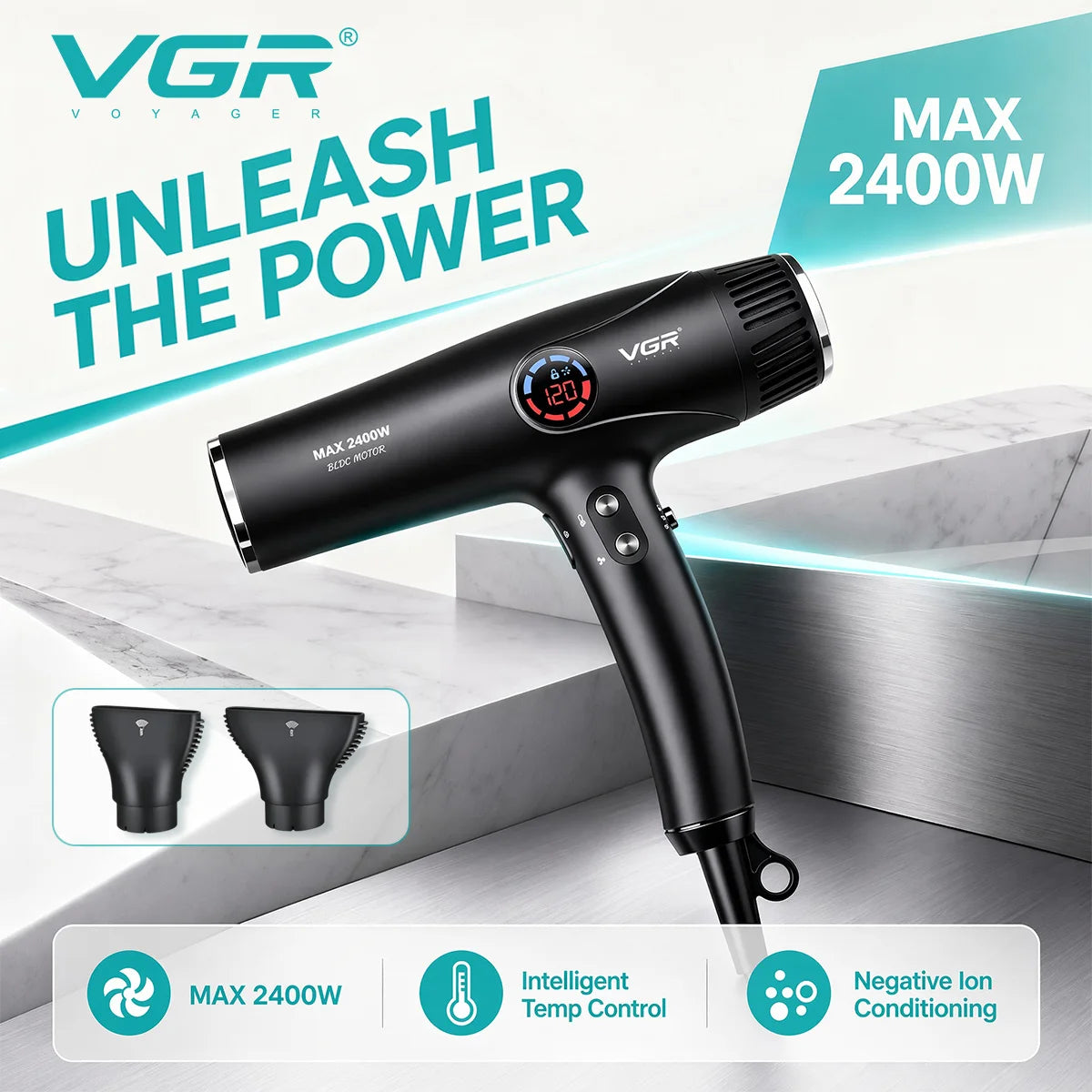 VGR Hair Dryer Professional Hair Dryer Machine Negative Ion Blow Dryer BLDC Motor 110000 RPM Hair Salon for Household Use V-469 - Curl and Collar