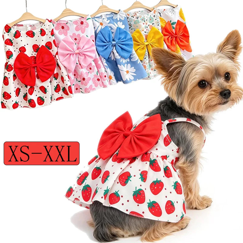 Puppy Summer Dress Dog Cat Princess Dress Pet Clothes for Small Medium Dogs Printed Bow Kitten Dog Skirt Yorkshire Teddy Apparel - Curl and Collar