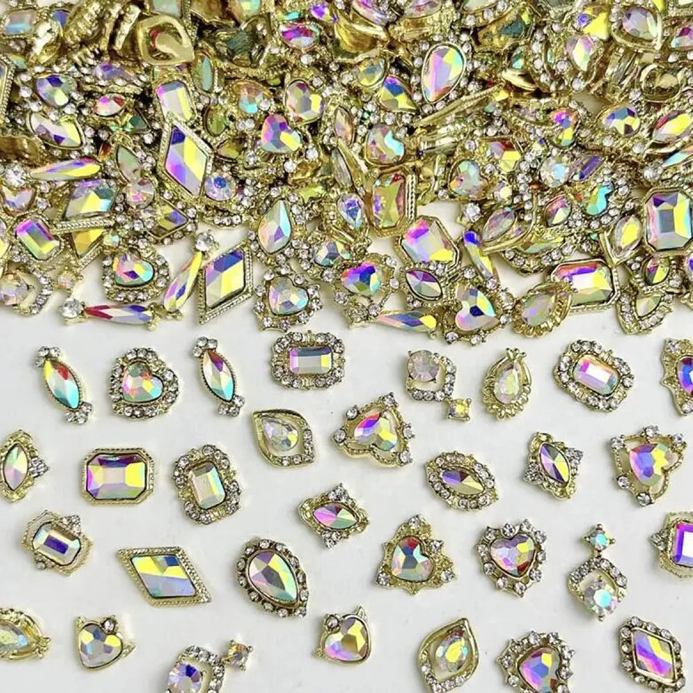 50Pcs 3D Mixed Luxury AB Alloy Nail Art Charms with Heart/Drop/Square/Rhombic Gem Nails Decoration DIY Crafts Manicure Accessory - Curl and Collar