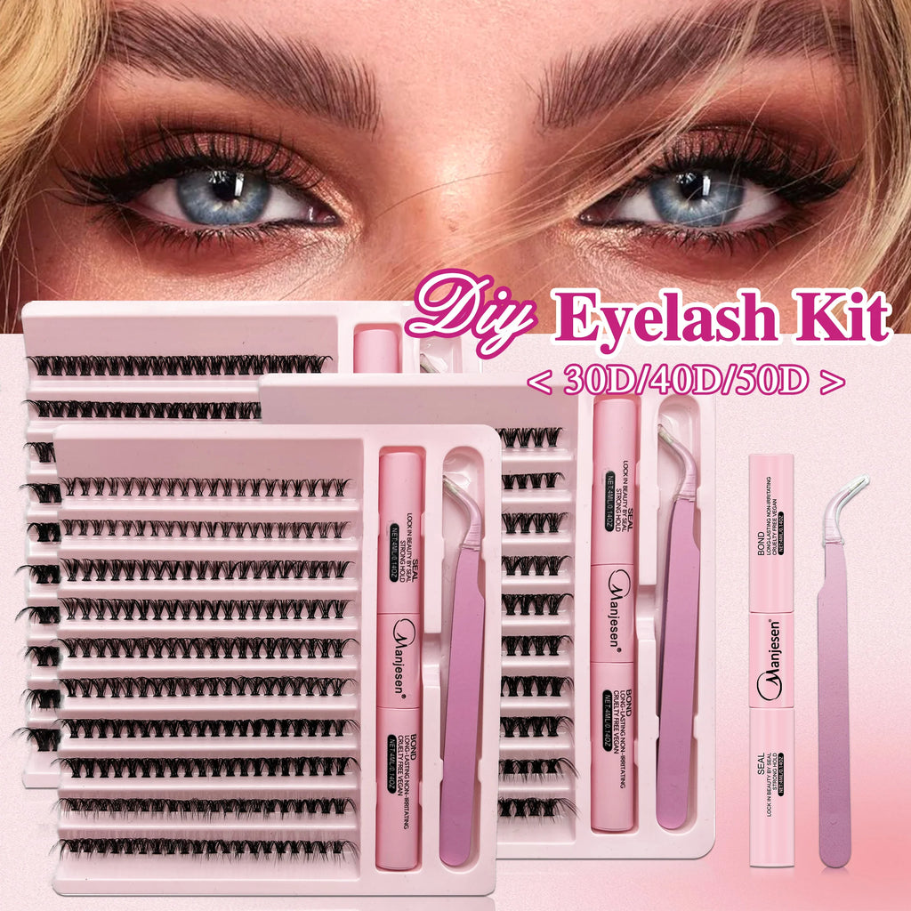 LASHVNNA Lash Clusters Kit With Waterproof Strong Hold DIY Lash Extension Kit Lash Bond And Seal And Eyelash Tweezers Makeup - Curl and Collar