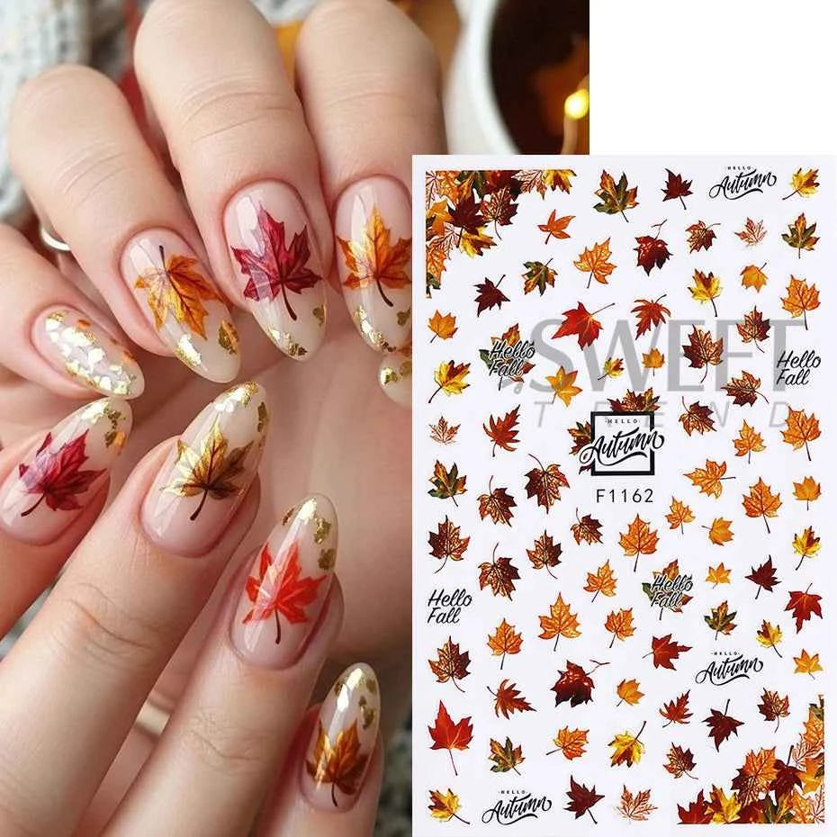 8pcs Autumn Winter Maple Leaf Nail Stickers Pumpkin Elk Mushroom Flower Self-Adhesive Nail Decal Thanksgiving DIY Manicure Decor