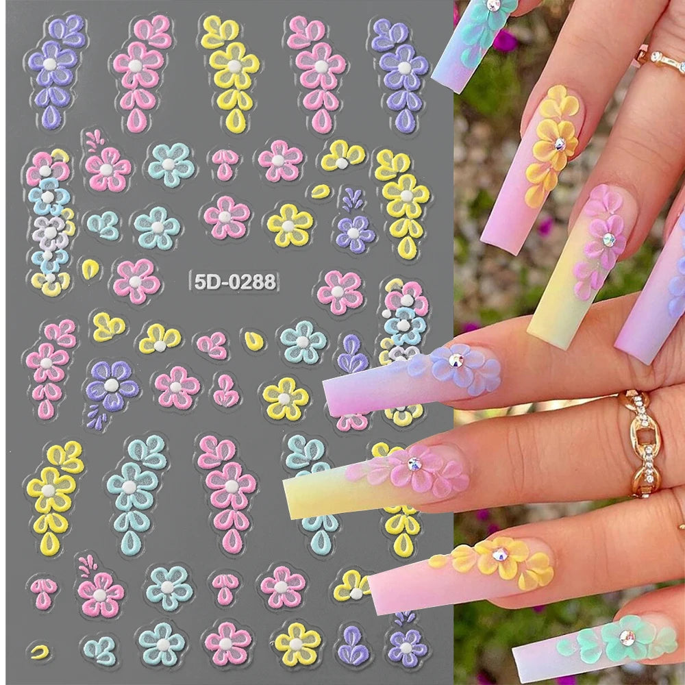 5D Pink Blue Floral Nail Art Stickers Petals Leaf Plant Embossed Nail Decals Spring Summer Flower Design for DIY Nail Supplies - Curl and Collar