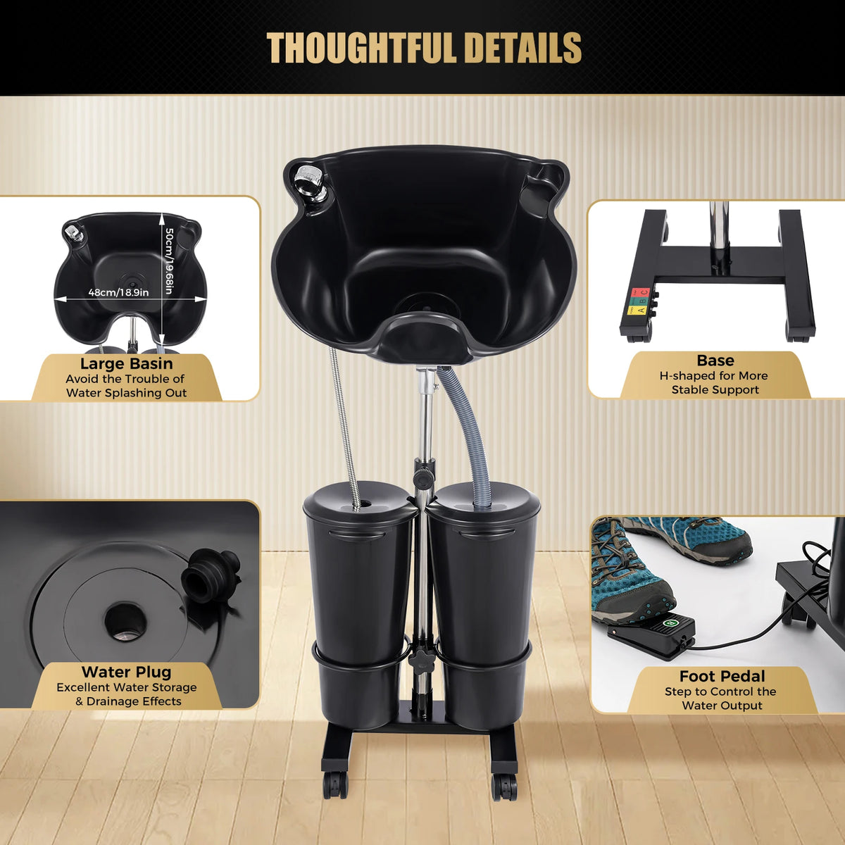 Portable Shampoo Basin with 2 Water Buckets, 30cm Deep Salon Hair Washing Sink, Adjustable Height Angle Mobile Shampoo Bowl Unit - Curl and Collar