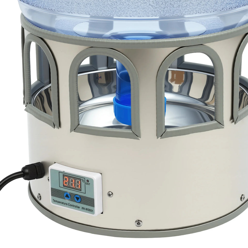Stainless Steel Heated Chicken Waterer 5 Gal, 80W Auto Thermostat Water Heater for Poultry, Adjustable Temp 32-122°F with LED Display & 9 Windows, Anti-Freeze for Winter, Silver-Blue - Curl and Collar