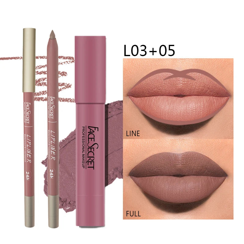 Matte Lipliner&Lipstick Set,Waterproof， Long Lasting Lip Makeup, Soft Matte Color Rendering,Women's Makeup Cosmetics - Curl and Collar