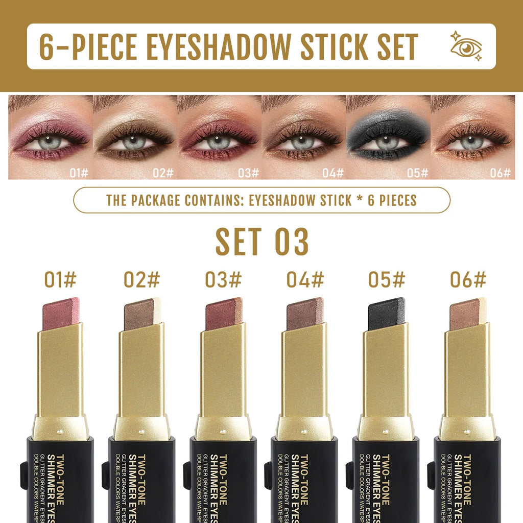 6PCS/Set Two-color Push-pull Eye Shadow Stick, Eye Highlight, Lazy Eye Shadow, Two-color Stacking, Waterproof and Sweat-proof, Eye Cosmetics - Curl and Collar