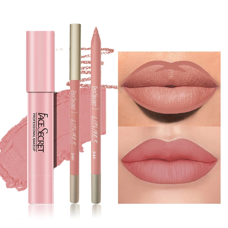 Matte Lipliner&Lipstick Set,Waterproof， Long Lasting Lip Makeup, Soft Matte Color Rendering,Women's Makeup Cosmetics - Curl and Collar