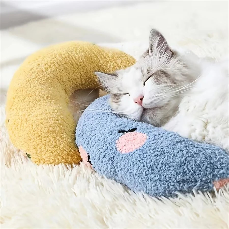 Cute Dogs Cats Little Pillows U-Shaped Neck Protector Pets Deep Sleep Pillow for Puppy Kitten Soft Fluffy Calming Toys Washable - Curl and Collar