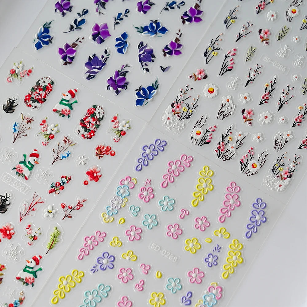 5D Pink Blue Floral Nail Art Stickers Petals Leaf Plant Embossed Nail Decals Spring Summer Flower Design for DIY Nail Supplies - Curl and Collar