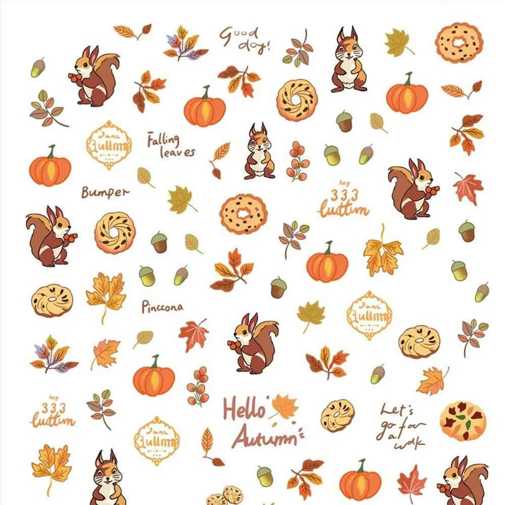 Fall Nail Art Stickers 5D Embossed Cute Decals Autumn Squirrel Pine Cones Fallen Leaves Design Self-Adhesive Manicure Stickers