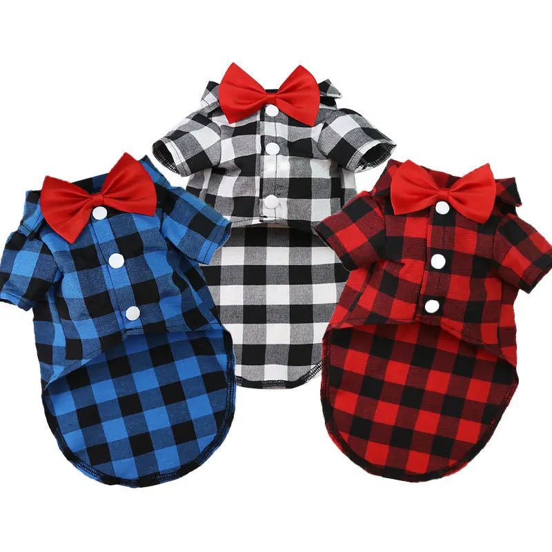 Bowtie Dog Blouse Classical Breathable Plaid T-Shirts Summer Dog Clothes for Small Dogs Puppy Large Cat Vest Chihuahua Yorkies - Curl and Collar